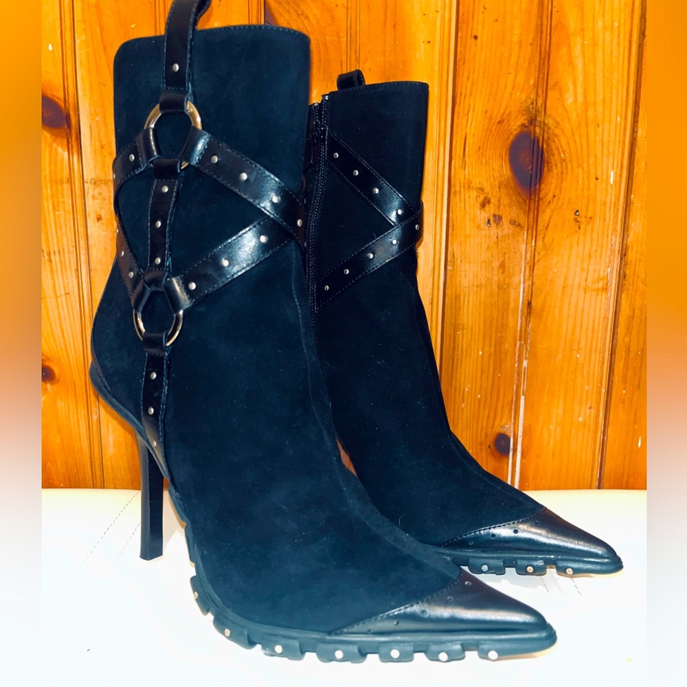Brand New Black Suede and Leather KickAss Harness stiletto Ankle Boots